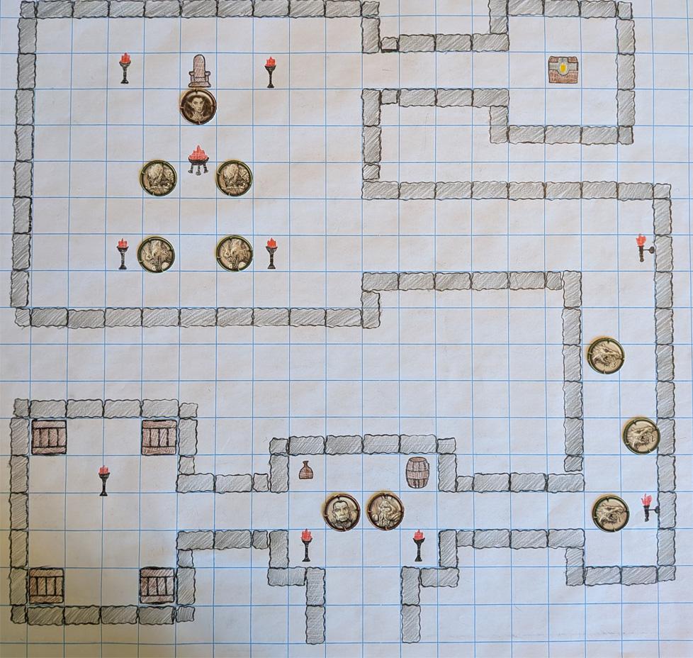 Detailed dungeon corridor battle map with traps, secret doors, treasure rooms, and monster lair