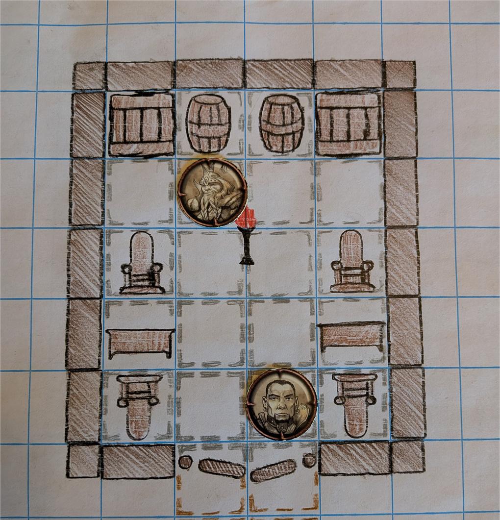 Completed tavern interior battle map with bar, tables, fireplace, and staircase on a grid mat