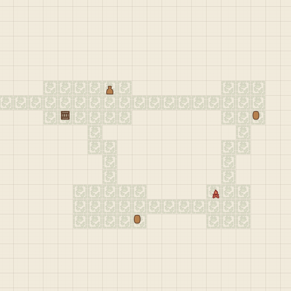 Finished dungeon battle map featuring tight corridors, rooms, loot, and a campfire