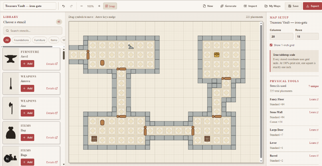 The RPG Stencils Map Maker showing the stencil library beside a finished encounter map