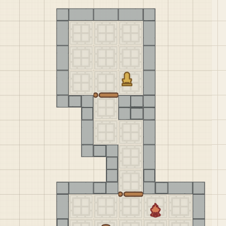 Battle map section showing dungeon rooms connected by a corridor with doors and tokens