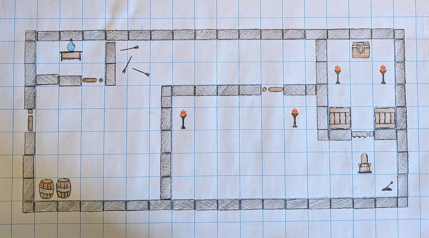 Small crypt template with a short nave, side alcoves, and a coffin focal point