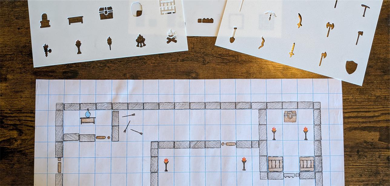 Completed hand-drawn Tabletop RPG battle maps on grid paper showing detailed room furnishings drawn with stencils